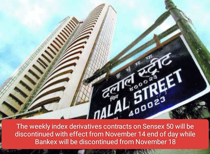 BSE to discontinue weekly contracts on Bankex, Sensex 50 :- The weekly index derivatives contracts on the Sensex 50 will be discontinued with effect from November 14 end of day, and Bankex will be discontinued from November 18.